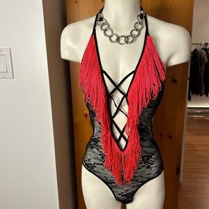 Gorgeous La Vie En Rose Neon Pink and Black Lace Bodysuit with fringes ❤️S